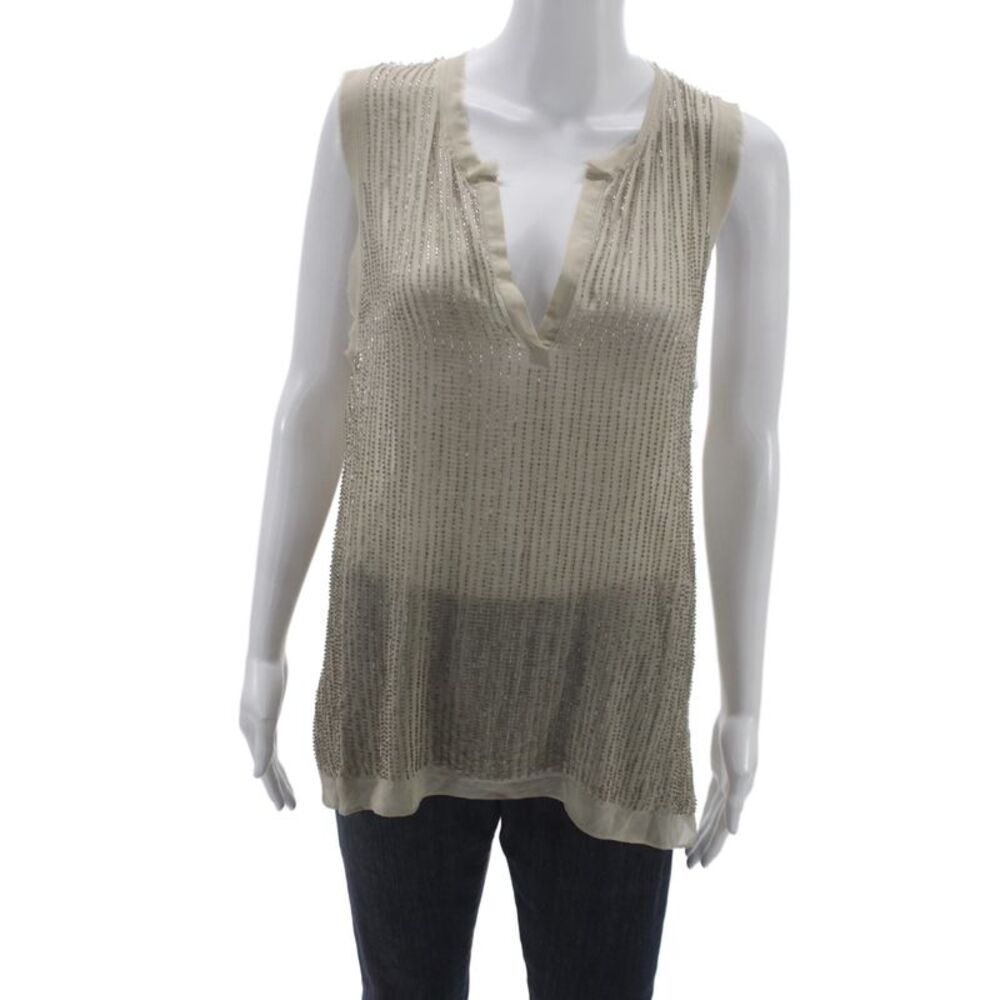 L'Agence Women Beige Striped V-Neck Beaded Sleeveless Tunic Size 6